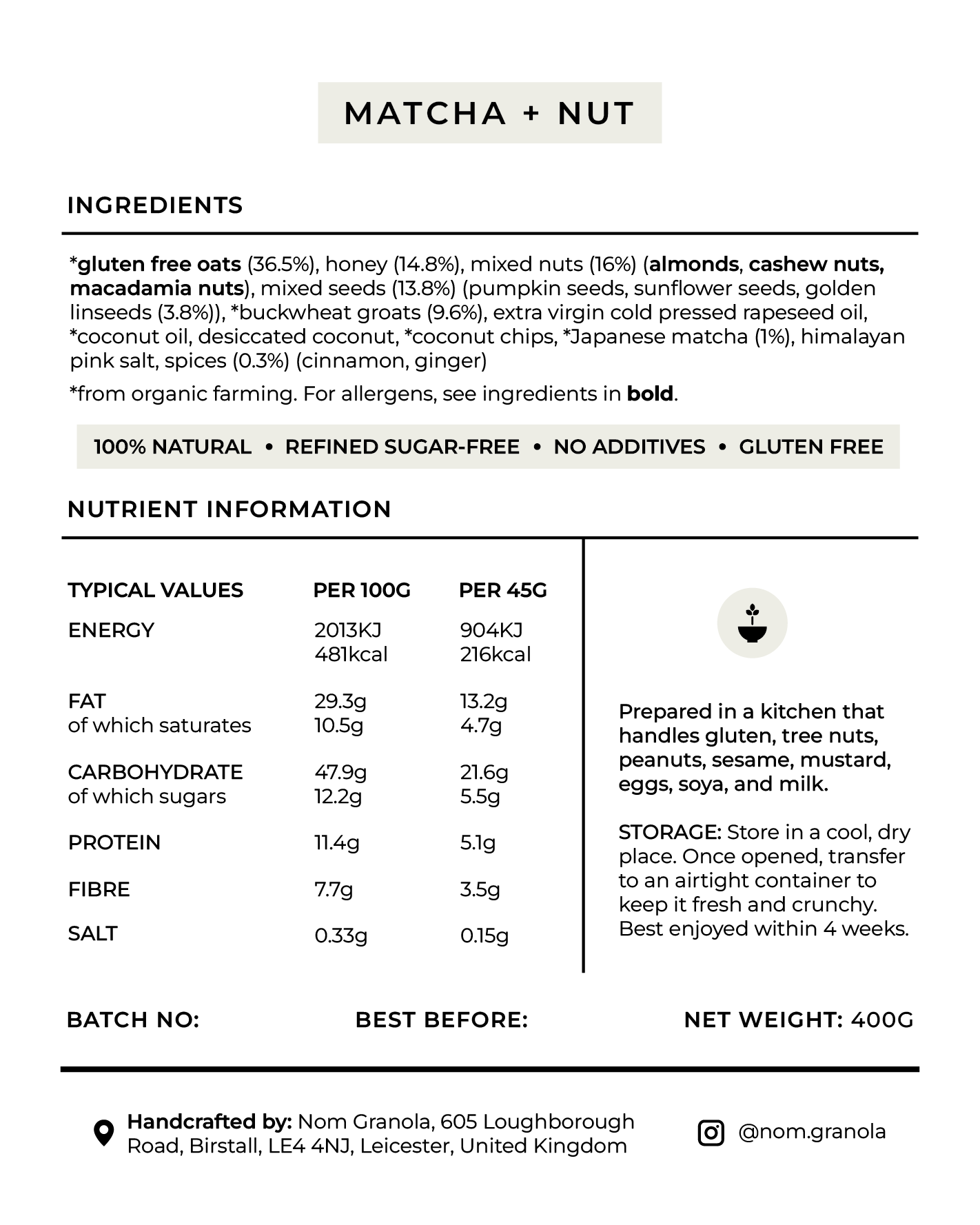 Matcha + Nut Granola nutrition values and ingredients label