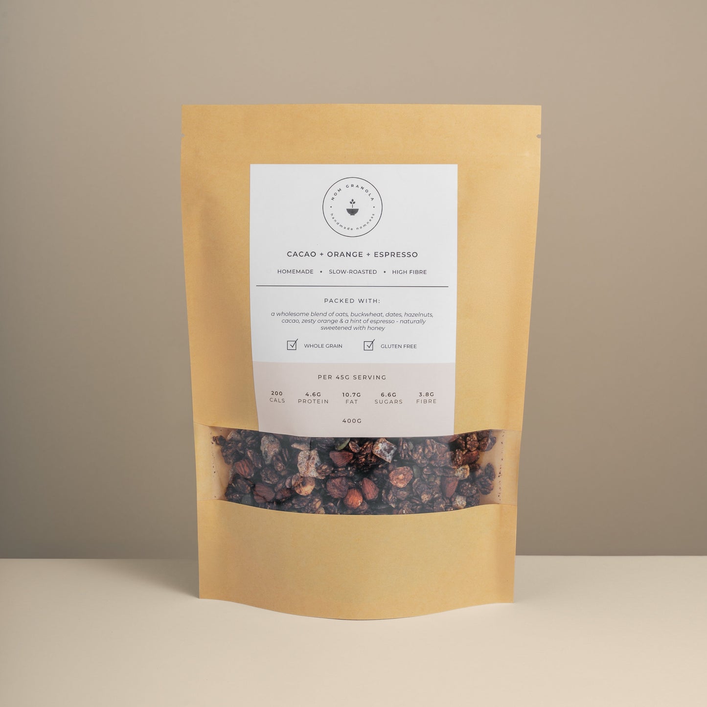 Cacao + Orange + Espresso artisan Nom Granola small batch handcrafted granola bag Leicester UK