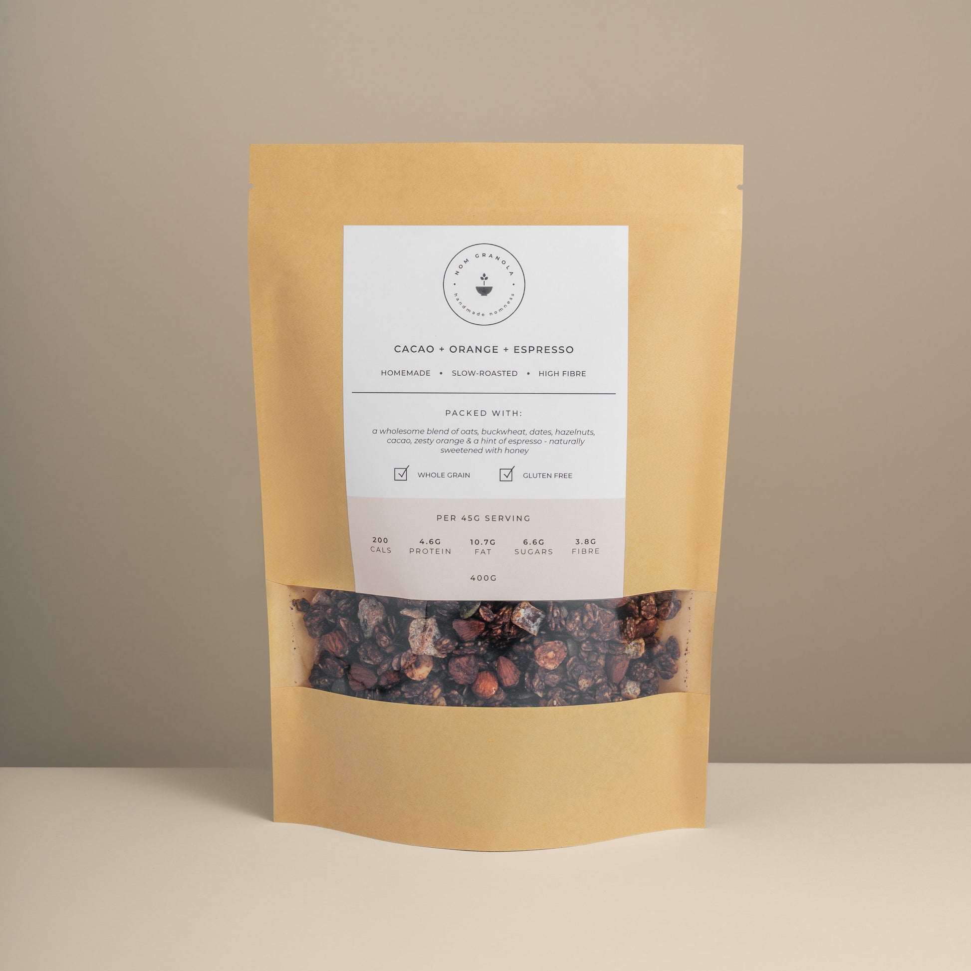 Cacao + Orange + Espresso artisan Nom Granola small batch handcrafted granola bag Leicester UK