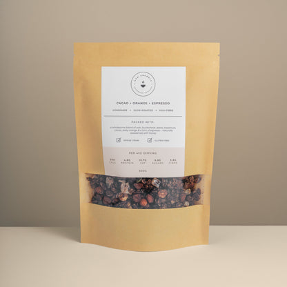 Cacao + Orange + Espresso artisan Nom Granola small batch handcrafted granola bag Leicester UK