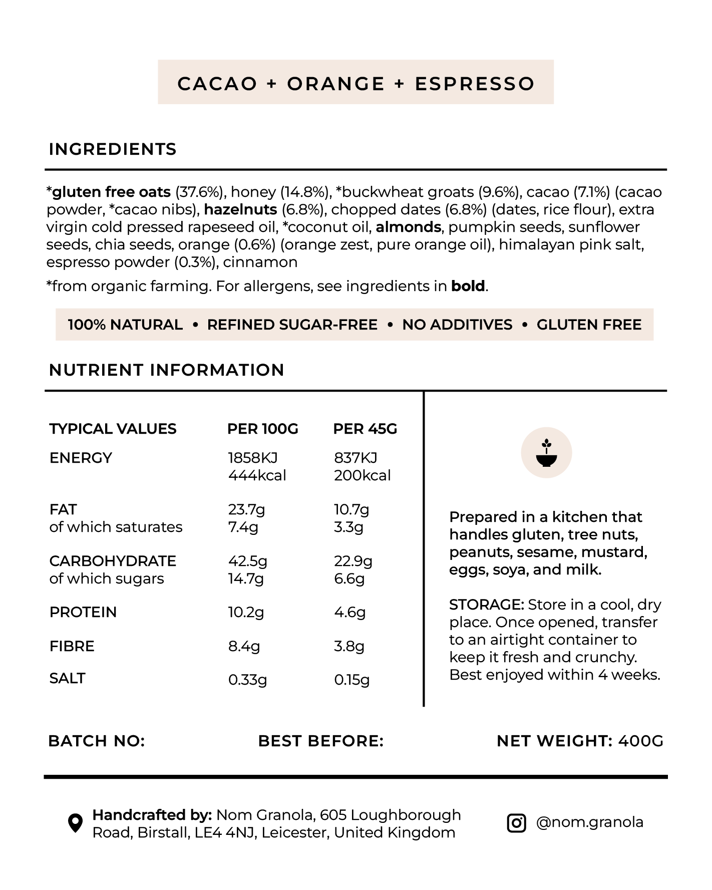 Cacao + Orange + Espresso Granola nutrition values and ingredients label