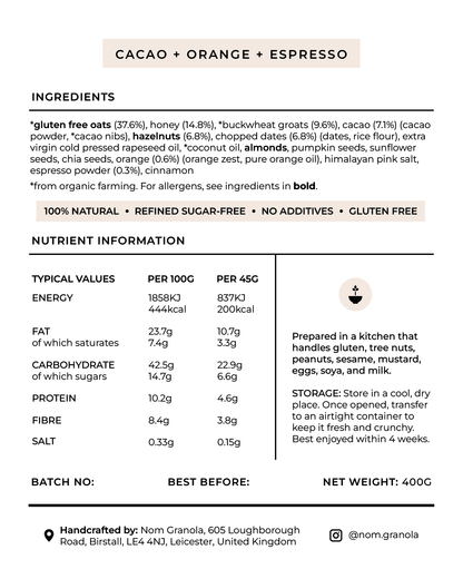 Cacao + Orange + Espresso Granola nutrition values and ingredients label