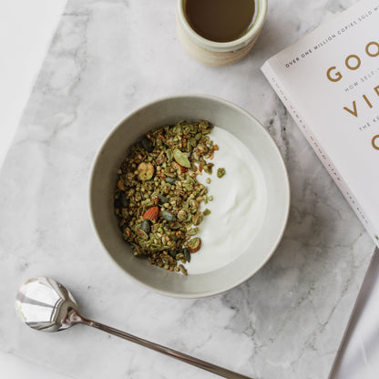 Bowl of Matcha + Nut Nom Granola with yogurt perfect healthy artisan breakfast
