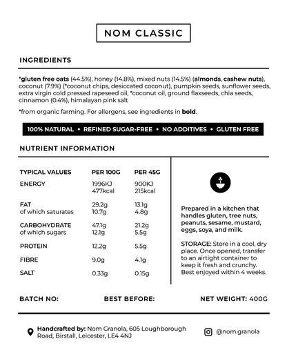 Nom Classic Granola nutrition values and ingredients label